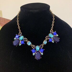 JEWELRY -9.5" bib necklace, acrylic stones, square, oval, blue, aqua, gold tone